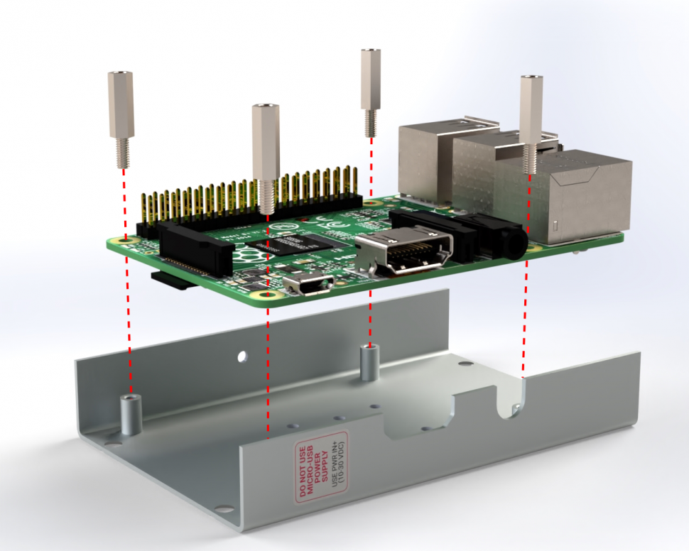 Metal spacers will fix the Raspberry Pi to the bottom part of the aluminium case.